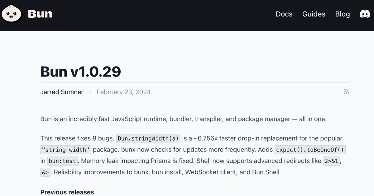 techfeedapp's tweet card. 2月24日、Bun v1.0.29がリリースされた。Bunは高速なJavaScriptランタイム、バンドラー、トランスパイラ、パッケージマネージャーである。このリリースでは、8つのバグが修正され、その中には高速な`Bun.stringWidth(a)`など、多くの新機能と改善が盛り込まれている。