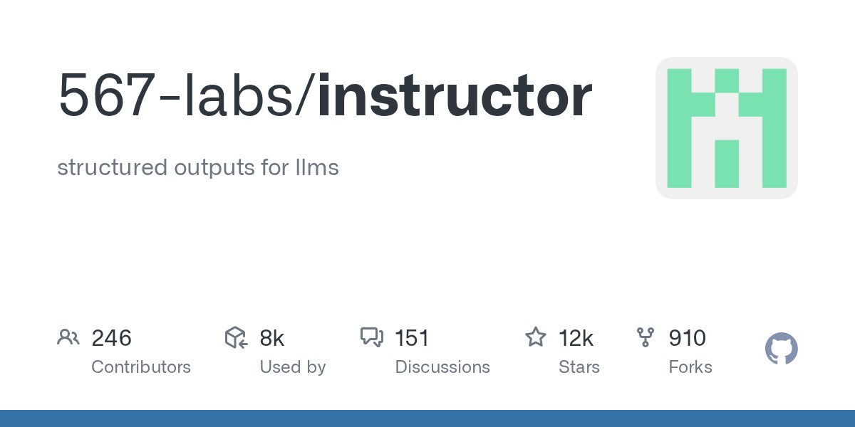 IgferreiraJava's tweet card. structured outputs for llms . Contribute to 567-labs/instructor development by creating an account on GitHub.