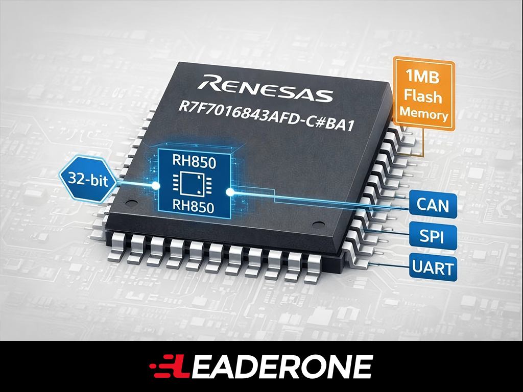 LEADERONEHK's tweet card. Learn about the R7F7016843AFD-C#BA1 microcontroller, its main specifications, connectivity features, memory, and applications, and how to source it in embedded systems.