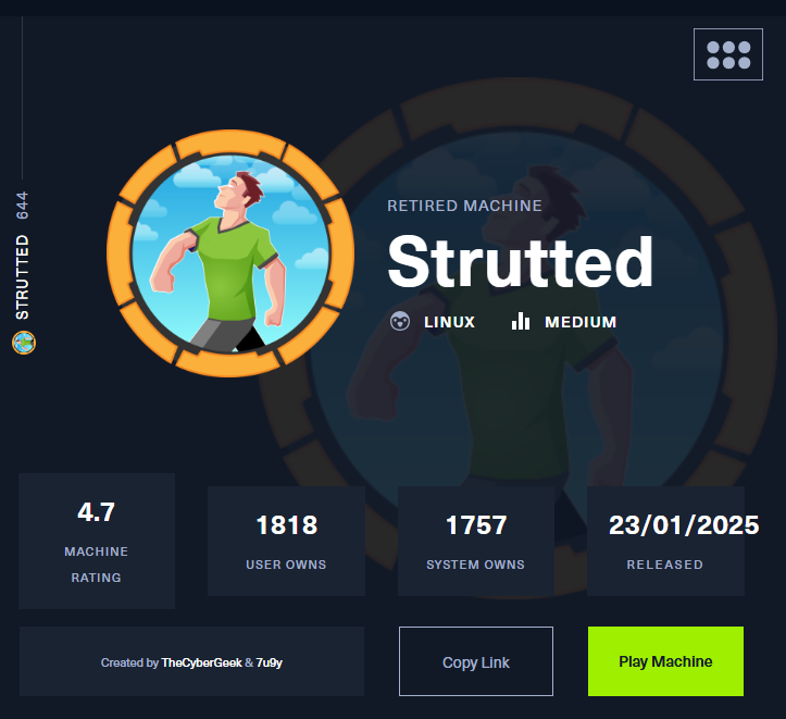 InfoSecComm's tweet card. `Strutted` is an medium-difficulty Linux machine featuring a website for a company offering image hosting solutions. The website provides…