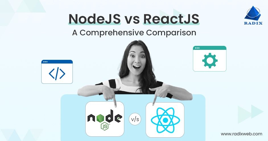 radixweb's tweet card. Explore the key differences between Node.js and React.js in web development and learn which technology suits your business needs for optimal performance.