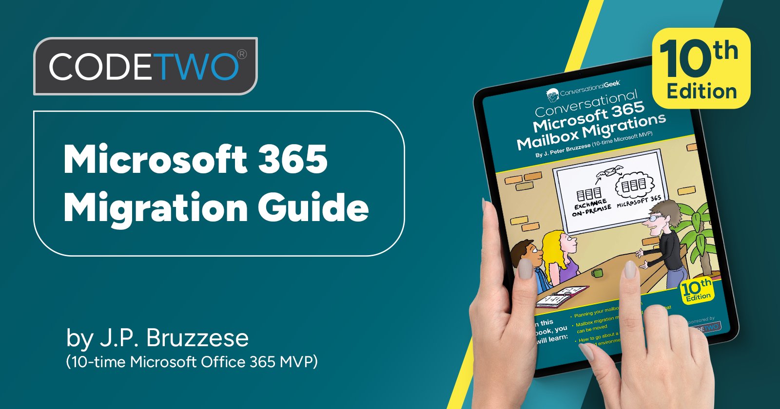CodeTwoSoftware's tweet card. “Conversational Microsoft 365 Mailbox Migrations” by J. Peter Bruzzese explains the ins and outs of mailbox migration to Microsoft 365. Get it for free!