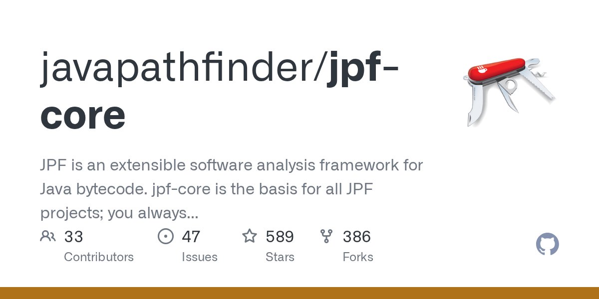Java_Pathfinder's tweet card. JPF is an extensible software analysis framework for Java bytecode. jpf-core is the basis for all JPF projects; you always need to install it. It contains the basic VM and model checking infrastruc...