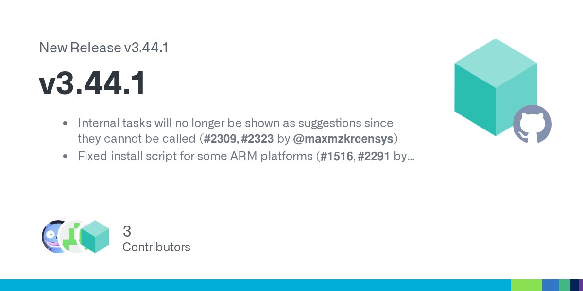 taskfiledev's tweet card. Internal tasks will no longer be shown as suggestions since they cannot be called (#2309, #2323 by @maxmzkrcensys) Fixed install script for some ARM platforms (#1516, #2291 by @trulede). Fixed a re...
