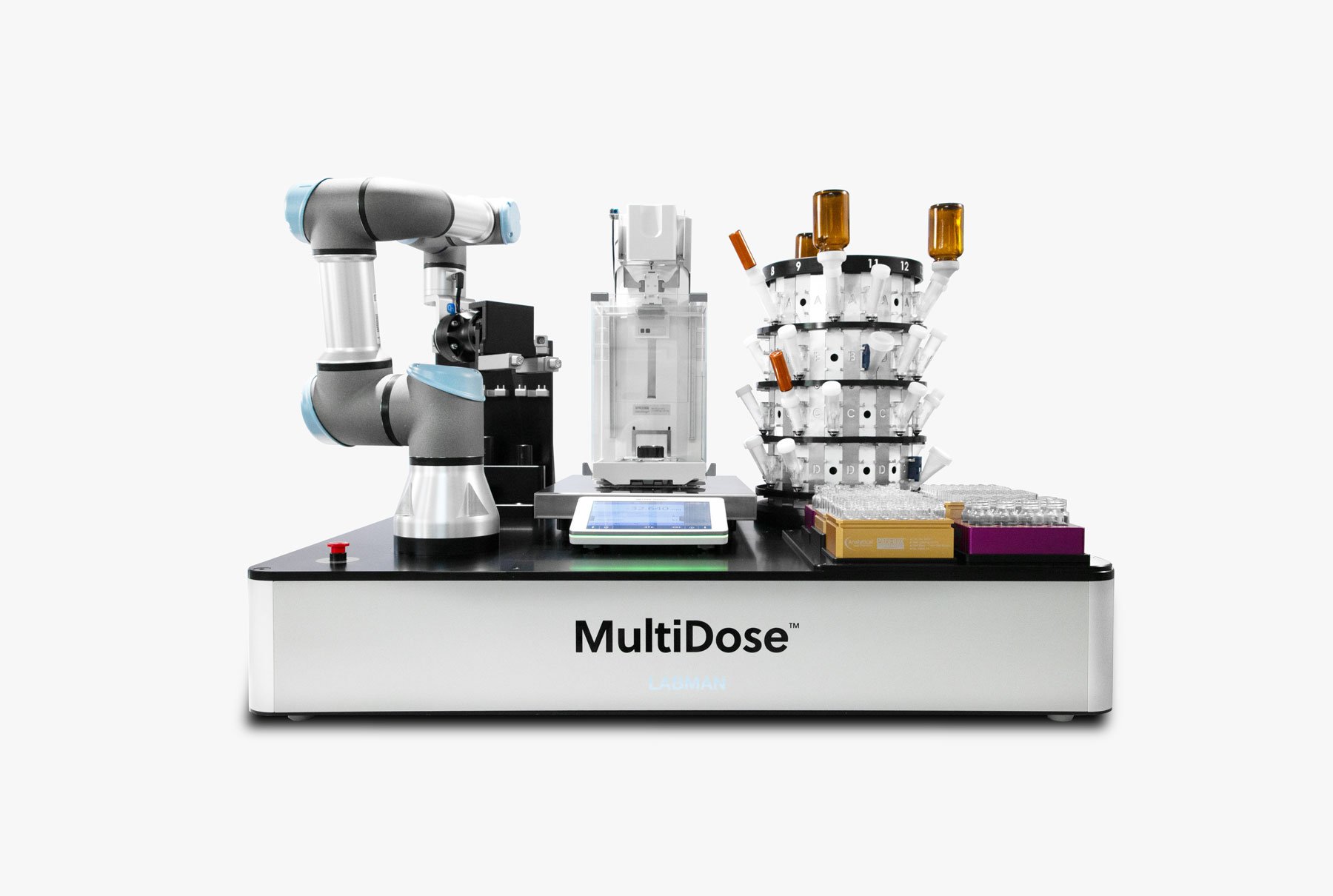 LabmanRobots's tweet card. MultiDose automates high accuracy solid dosing. The system combines a Mettler Toledo XPR balance with a collaborative robot, for reproducible powder dispensing.