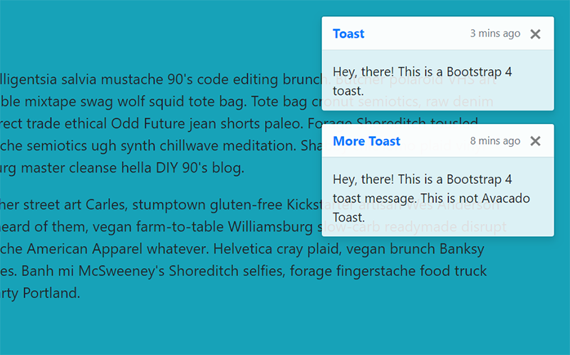 bootstrap4guide's tweet card. Toast notifications, spinners and iOS-style switches