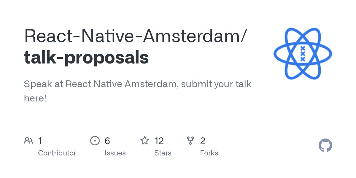 ReactNativeAMS's tweet card. Speak at React Native Amsterdam, submit your talk here! - React-Native-Amsterdam/talk-proposals