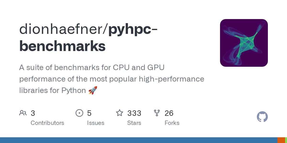 dionhaefner's tweet card. A suite of benchmarks for CPU and GPU performance of the most popular high-performance libraries for Python :rocket: - dionhaefner/pyhpc-benchmarks