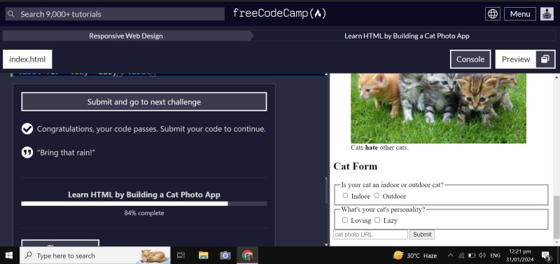 adorable_coder's tweet card. #100DaysOfCode DAY 1: I completed Steps 1 to 58 of freeCodeCamp's "Learn HTML by Building a Cat Photo App" under Responsive Web Design certification. 💻 🎉 **WHAT I LEARNED: - the h1 to h6 element -...