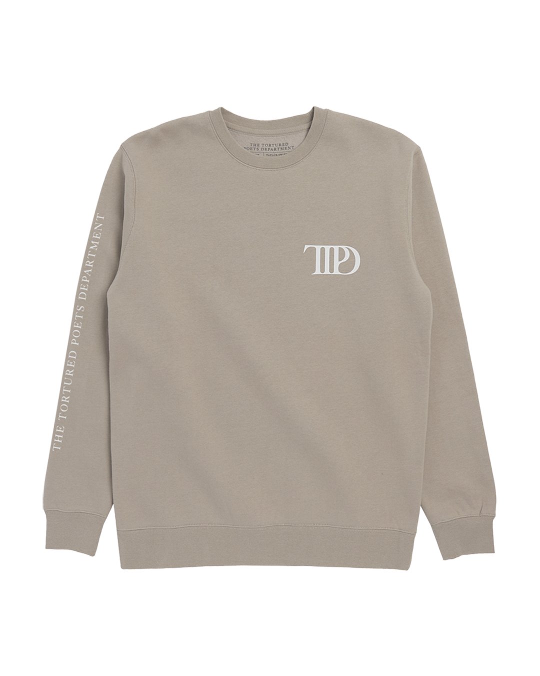 tmwb_overflow's tweet card. Beige crewneck featuring "TTPD" album logo printed on wearer's left chest with "The Tortured Poets Department" printed down wearer's right arm and "Taylor Swift" in box design printed on back.Stand...