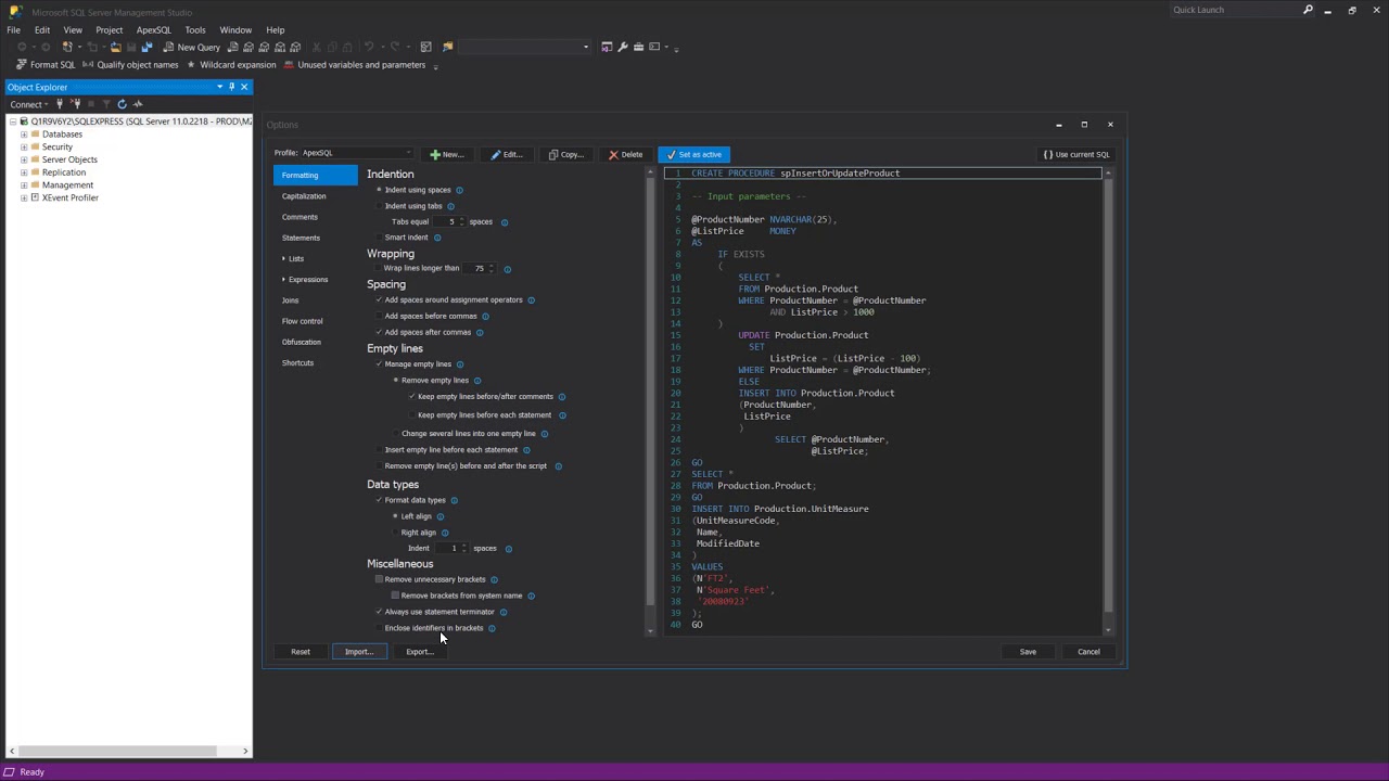 ApexSQL's tweet card. How to create, use, edit and delete SQL formatting profiles