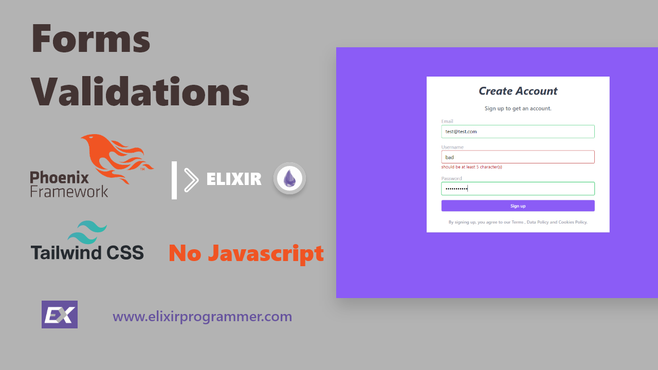 elixirprogrammr's tweet card. Learn how to use Elixir/Phoenix. to validate forms on the client and server-side, no Javascript code is needed thanks to the LiveView library, Tailwind CSS is going to be used for the user interface.
