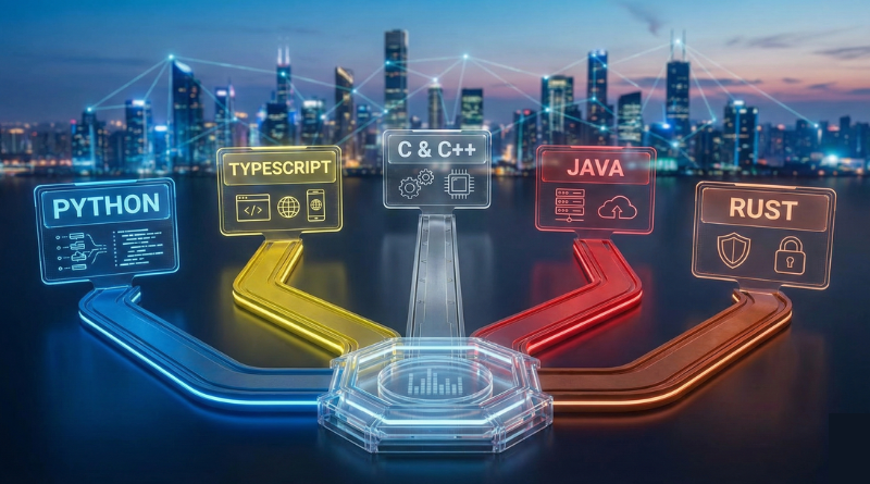 iMaCodingGuy's tweet card. Top 5 programming languages to learn for 2026 career growth. Use cases, Future trends for Python, TypeScript, C++, Java, and Rust.