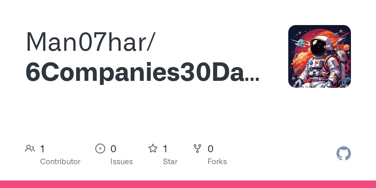 Man07har's tweet card. Contribute to Man07har/6Companies30Days development by creating an account on GitHub.
