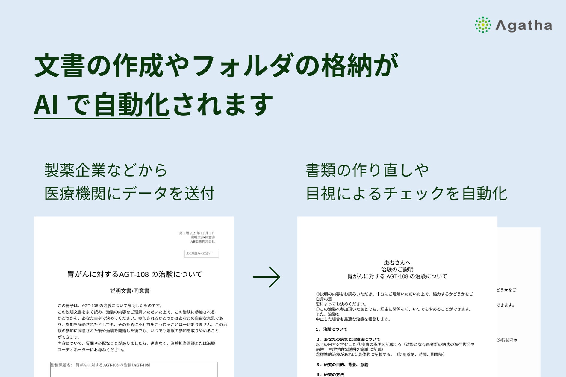 aritaku03's tweet card. アガサ株式会社のプレスリリース（2024年3月6日 10時00分）治験・臨床研究の文書管理クラウドサービス『Agatha』、生成AIを使って治験手続きを効率化できる新機能を開発