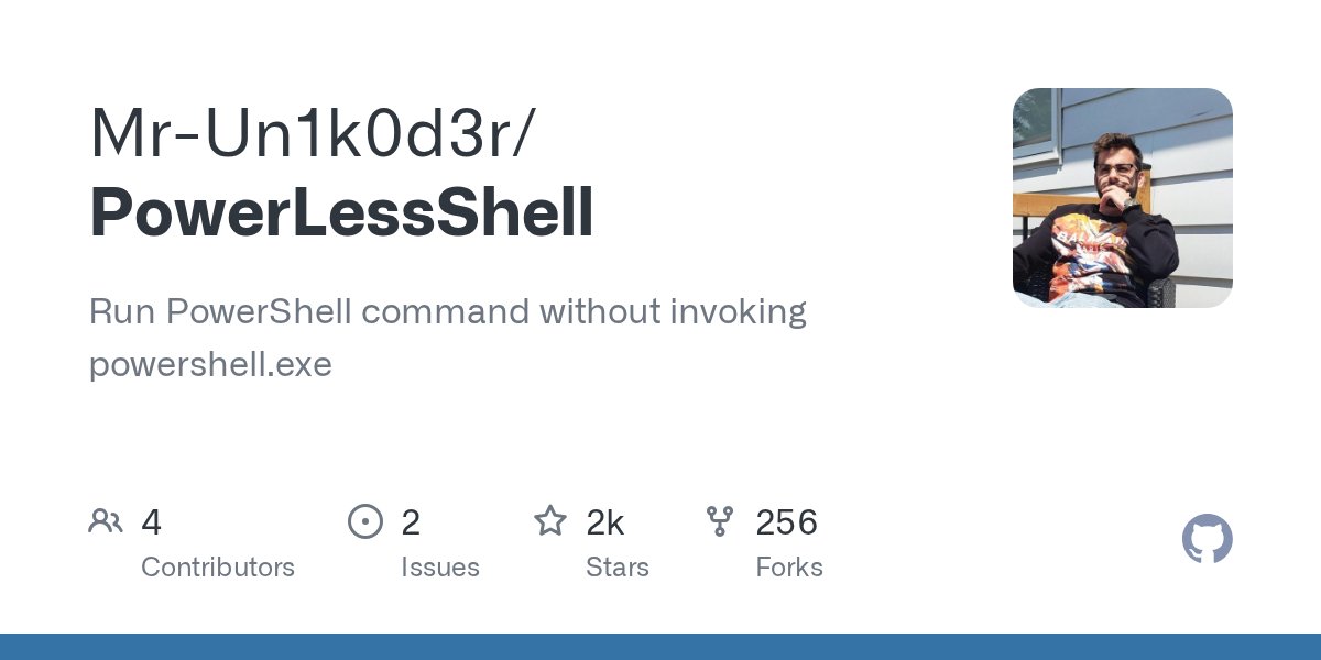 rootsecdev's tweet card. Run PowerShell command without invoking powershell.exe - Mr-Un1k0d3r/PowerLessShell