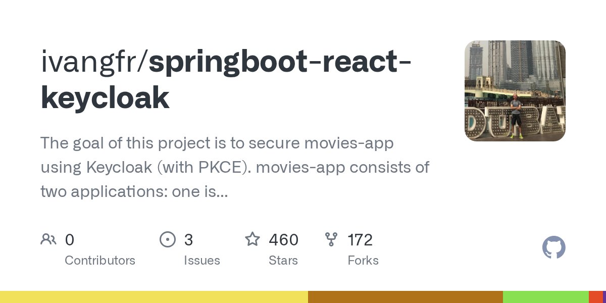ivangfr's tweet card. The goal of this project is to secure movies-app using Keycloak (with PKCE). movies-app consists of two applications: one is a Spring Boot Rest API called movies-api and another is a React applicat...
