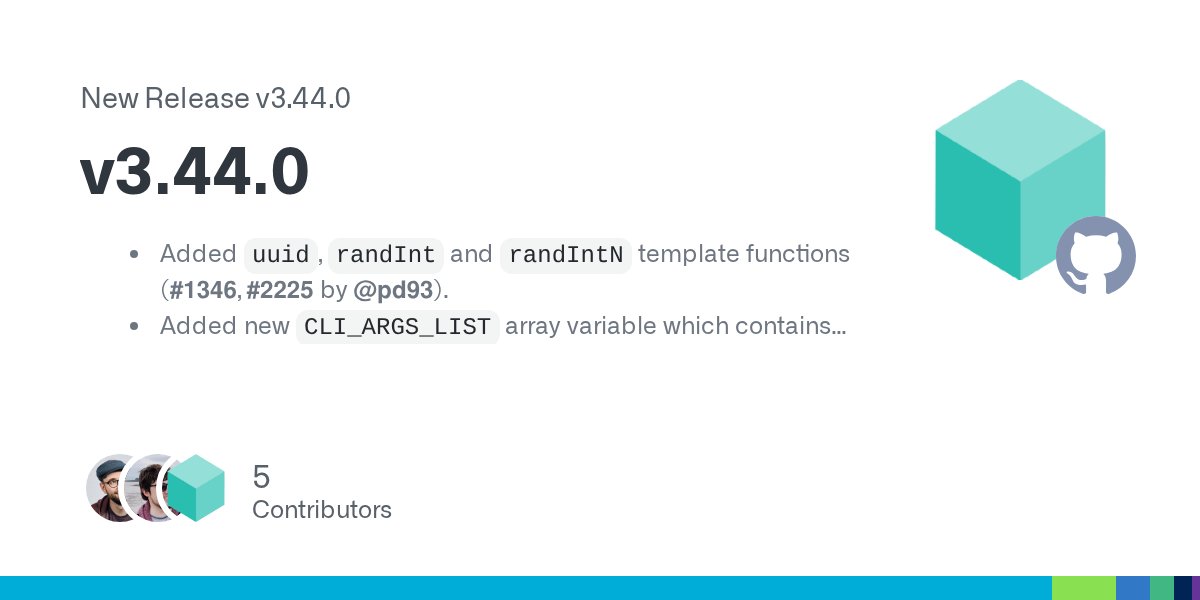 taskfiledev's tweet card. Added uuid, randInt and randIntN template functions (#1346, #2225 by @pd93). Added new CLI_ARGS_LIST array variable which contains the arguments passed to Task after the -- (the same as CLI_ARGS, b...