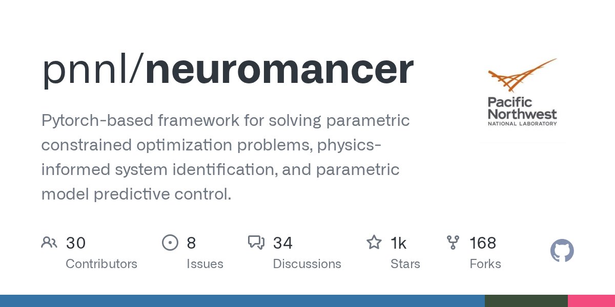jan_drgona's tweet card. Pytorch-based framework for solving parametric constrained optimization problems, physics-informed system identification, and parametric model predictive control. - GitHub - pnnl/neuromancer: Pyto...