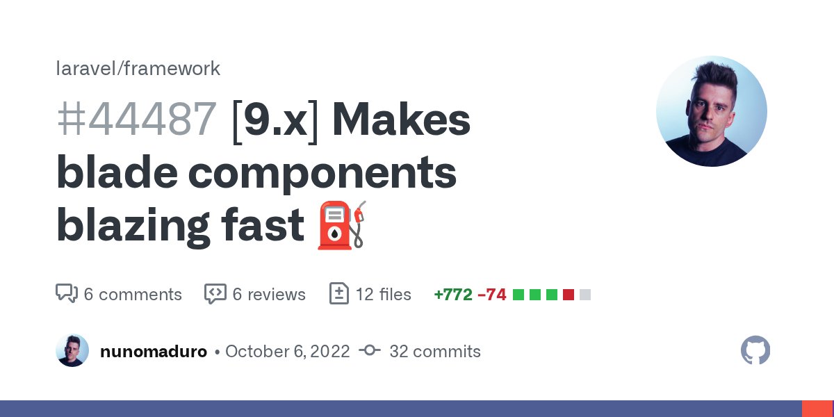 enunomaduro's tweet card. Technical Details This pull request addresses the performance of blade view components, and it mainly performs: Components are only resolved from the IOC container if necessary. This is done by c...