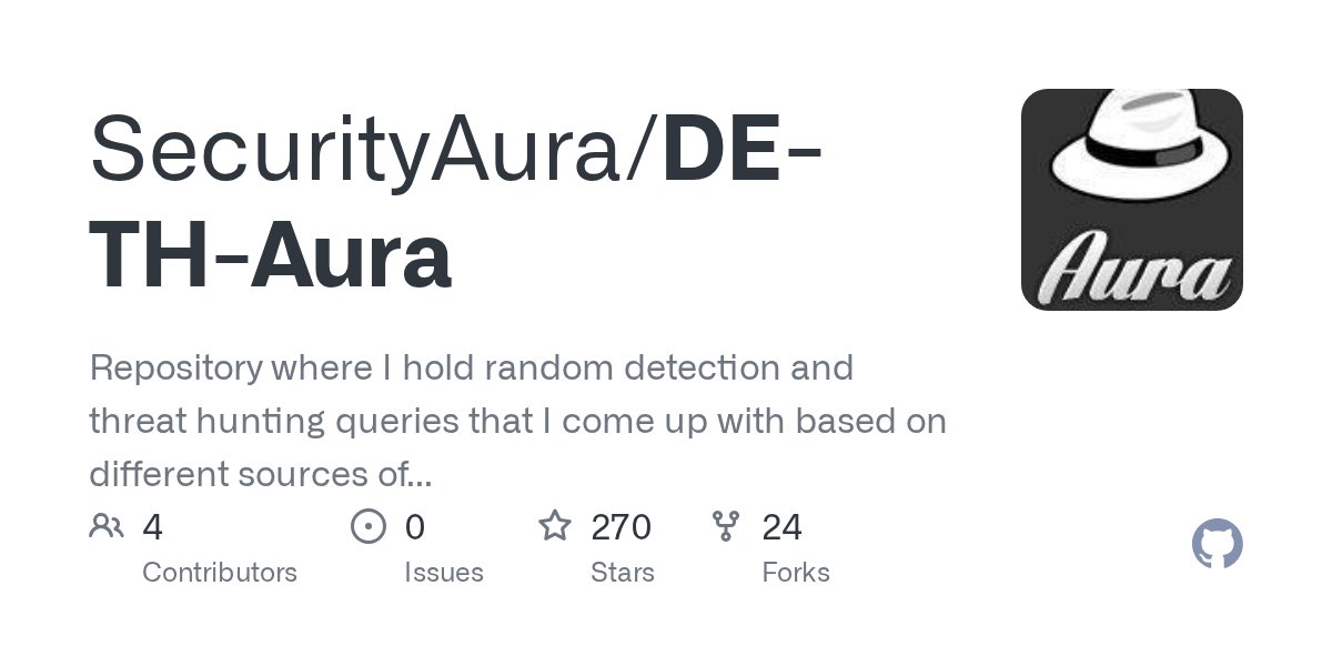 SecurityAura's tweet card. Repository where I hold random detection and threat hunting queries that I come up with based on different sources of information (or even inspiration). - SecurityAura/DE-TH-Aura