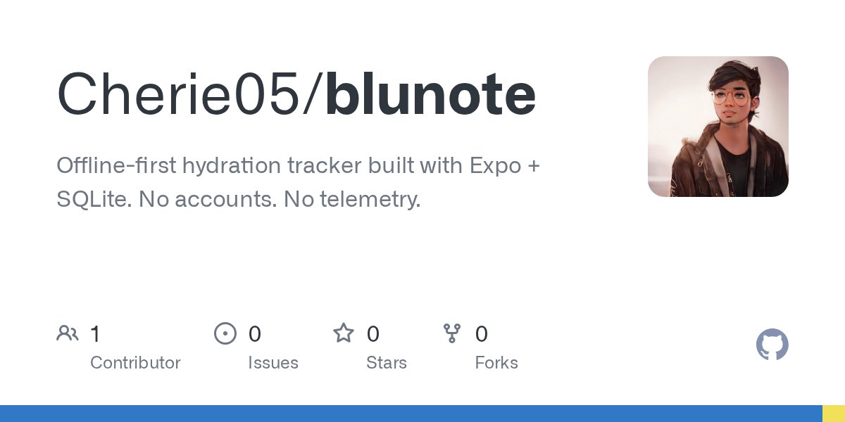 __Cherie05__'s tweet card. Offline-first hydration tracker built with Expo + SQLite. No accounts. No telemetry. - Cherie05/blunote