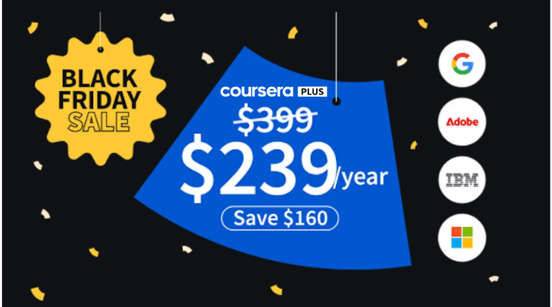 iOnlineCourses's tweet card. Coursera Black Friday Sale 2025. $160 OFF Coursera Plus Annual Subscription. Get access to 7100+ Courses, Specialization, Certificates.