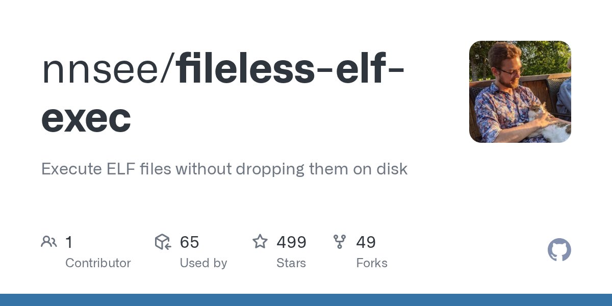 reverseame's tweet card. Execute ELF files without dropping them on disk. Contribute to nnsee/fileless-elf-exec development by creating an account on GitHub.