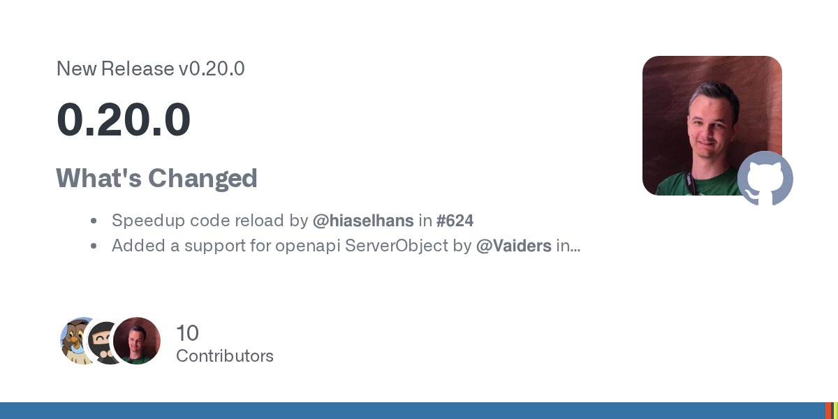 django_ninja's tweet card. What's Changed Speedup code reload by @hiaselhans in #624 Added a support for openapi ServerObject by @Vaiders in #574 Fix url_namespace -> urls_namespace msg by @SmileyChris in #519 add --...