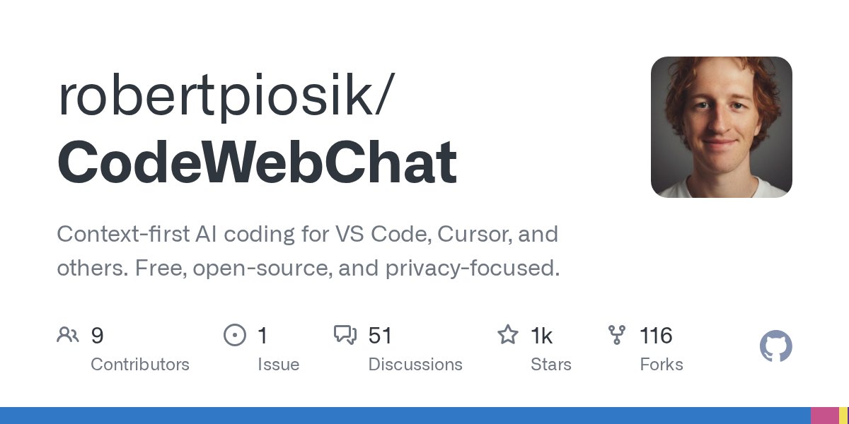 robertpiosik's tweet card. Context-first AI coding for VS Code, Cursor, and others. Free, open-source, and privacy-focused. - robertpiosik/CodeWebChat