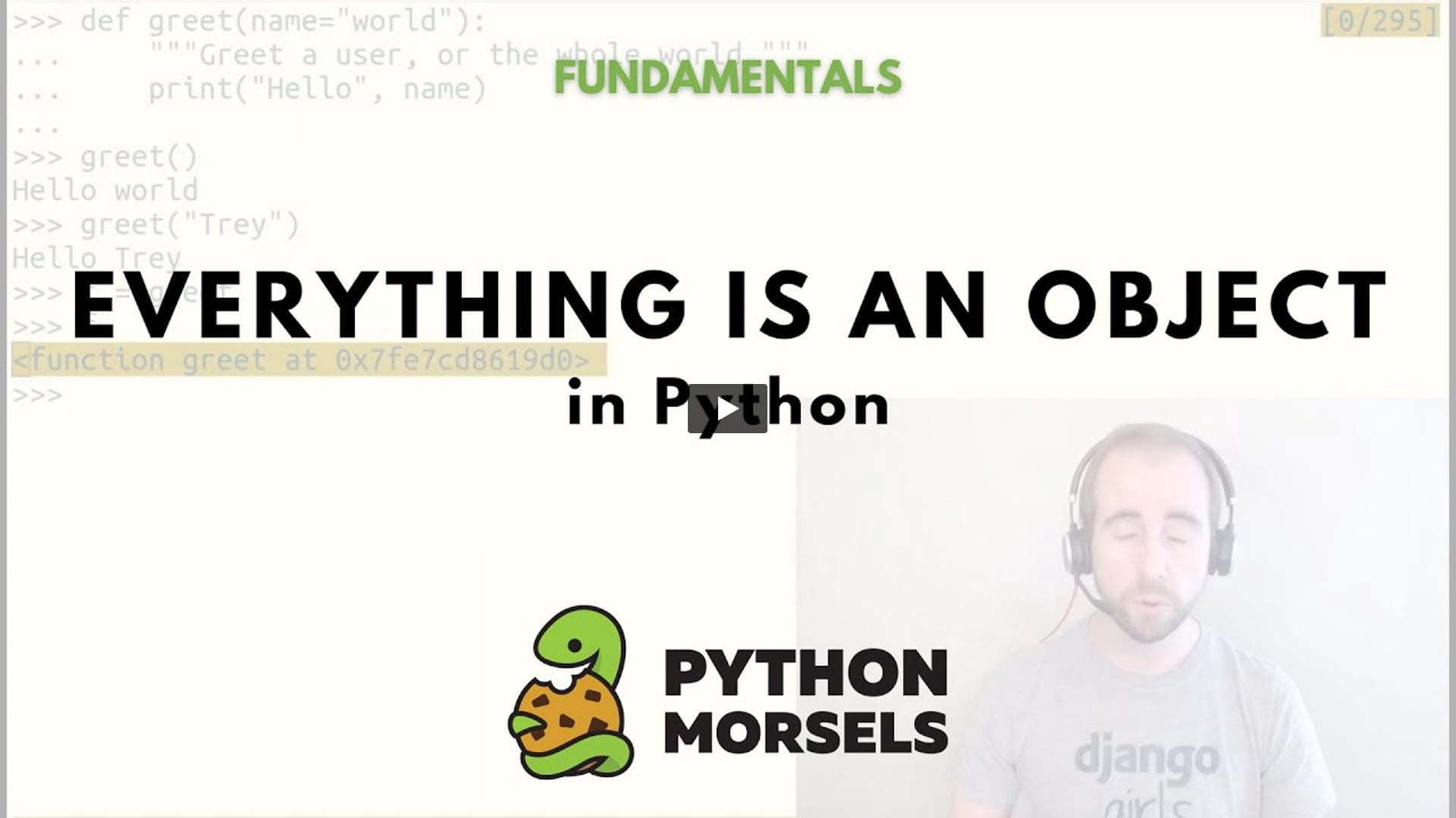 PythonMorsels's tweet card. In Python, everything is an object. Classes are objects, instances of classes are objects, modules are objects, and functions are objects. Anything that you can point a variable to is an object.