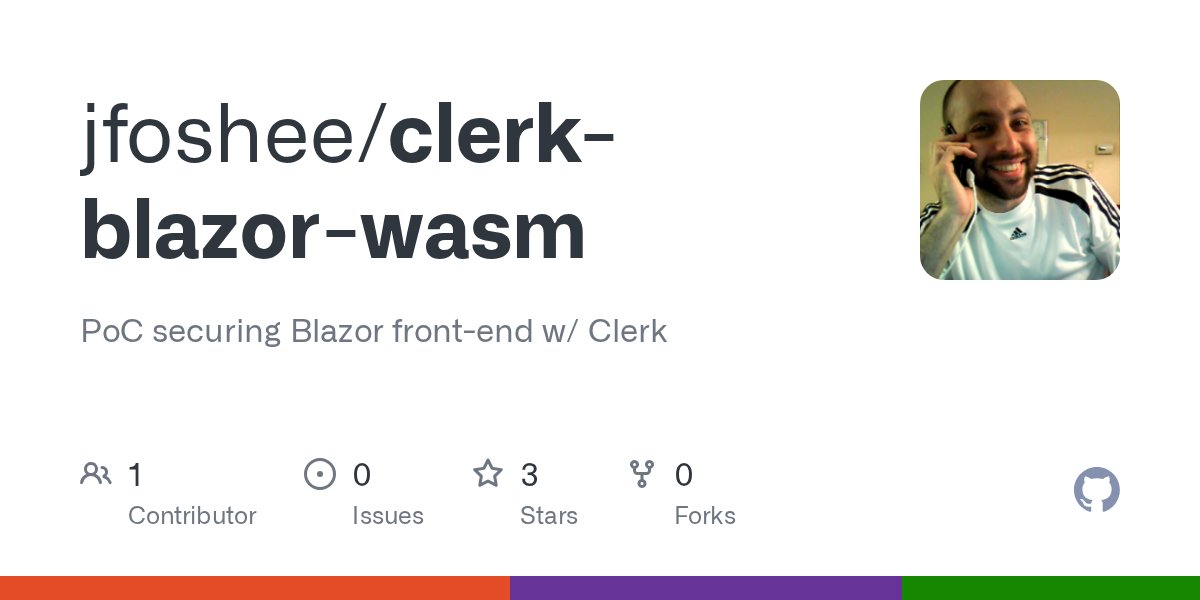 jacob_dotnet's tweet card. PoC securing Blazor front-end w/ Clerk. Contribute to jfoshee/clerk-blazor-wasm development by creating an account on GitHub.