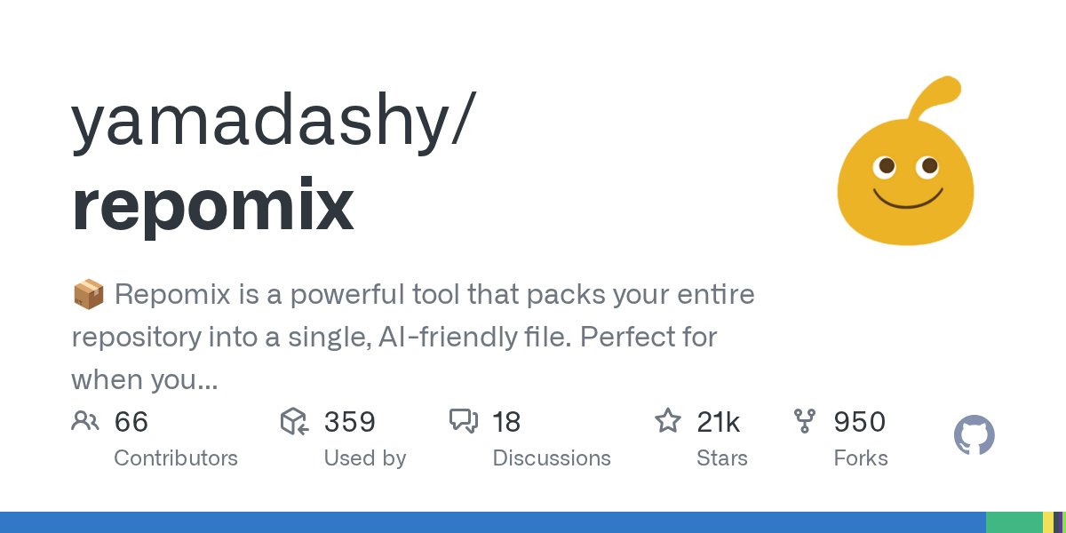 clxymox's tweet card. 📦 Repomix is a powerful tool that packs your entire repository into a single, AI-friendly file. Perfect for when you need to feed your codebase to Large Language Models (LLMs) or other AI tools...