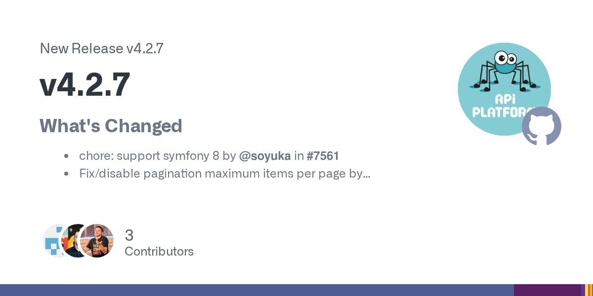 s0yuka's tweet card. What's Changed chore: support symfony 8 by @soyuka in #7561 Fix/disable pagination maximum items per page by @Maxcastel in #7553 fix(symfony): disable Swagger UI and keep openapi.json by @Maxc...