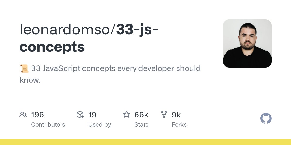 JavaScriptDaily's tweet card. 📜 33 JavaScript concepts every developer should know. - leonardomso/33-js-concepts