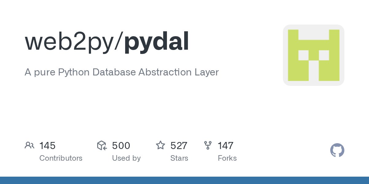 web2py's tweet card. A pure Python Database Abstraction Layer. Contribute to web2py/pydal development by creating an account on GitHub.