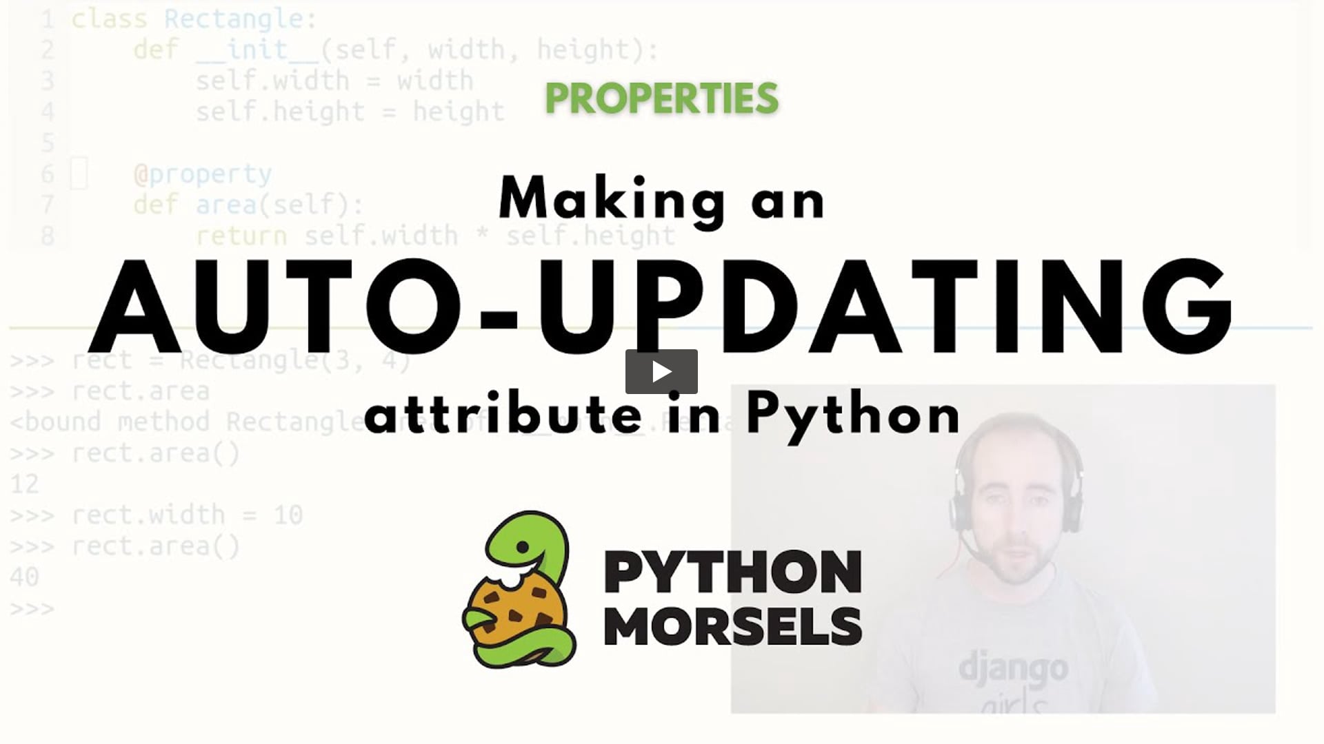 PythonMorsels's tweet card. We don't use getter methods in Python, instead we use the property decorator to make make automatically updating attributes. Properties allow us to customize what happens when you access an attribute.