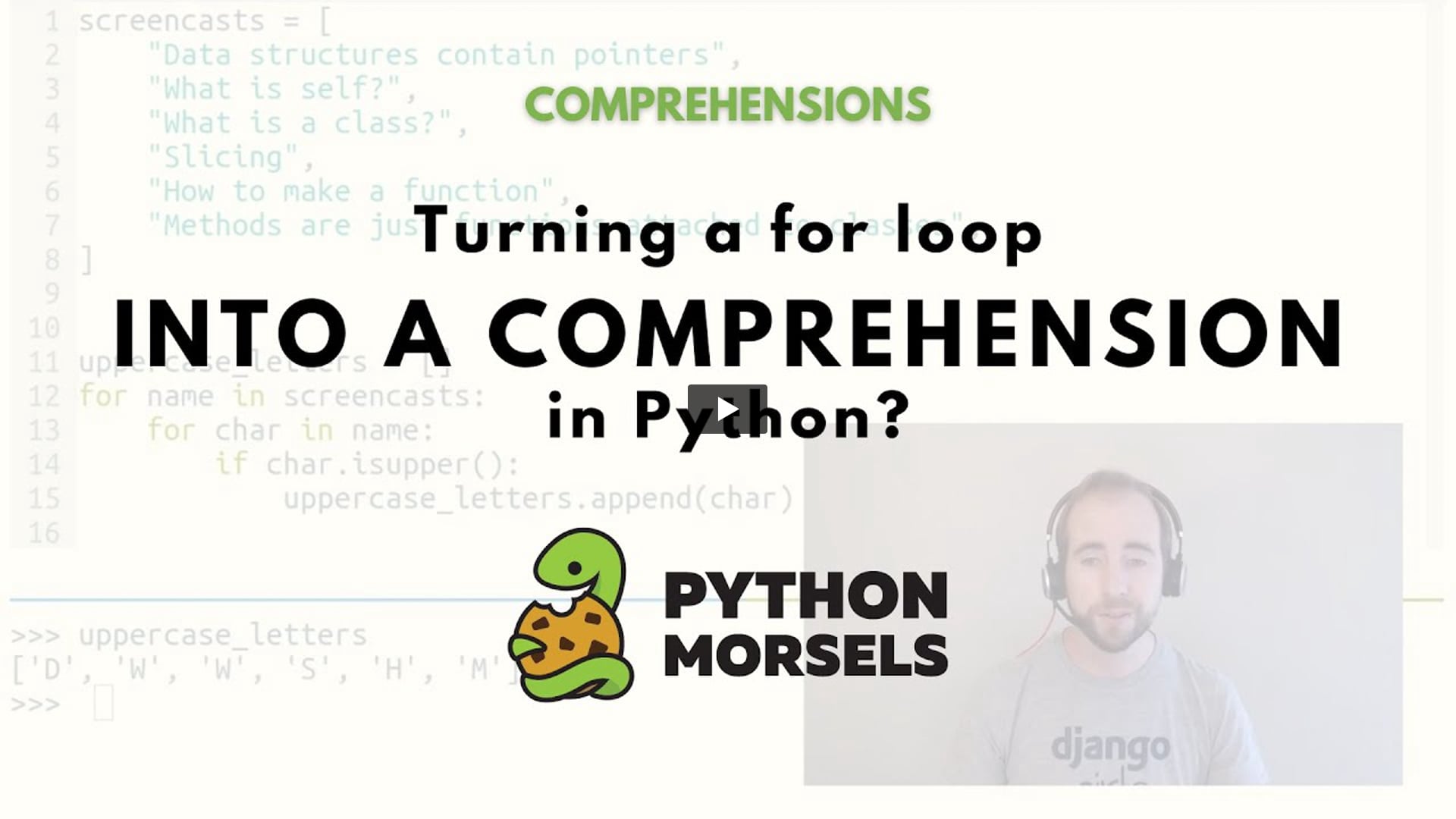 PythonMorsels's tweet card. If you're new to comprehensions, I recommend copy-pasting your way from a loop to comprehension to anchor your existing understanding of for loops with your new knowledge of comprehensions.