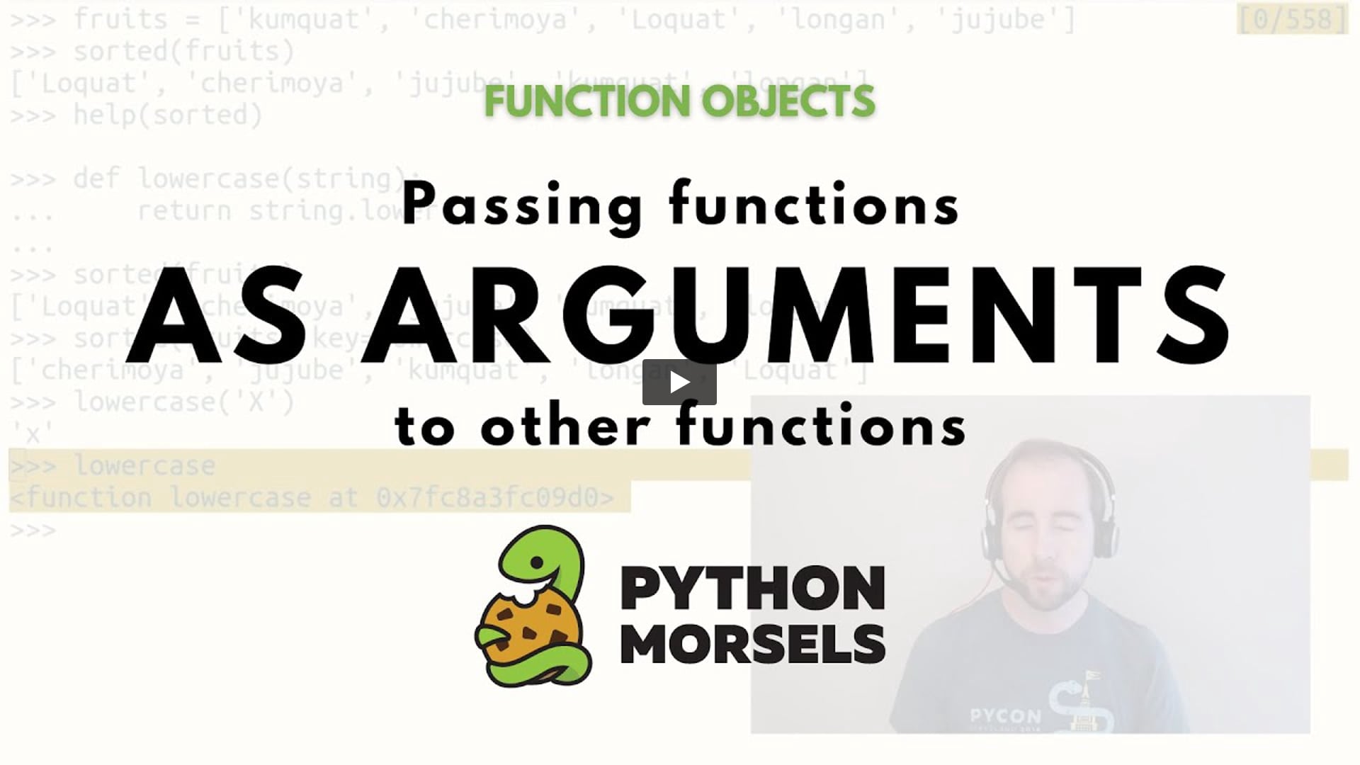 PythonMorsels's tweet card. In Python, you can pass functions (as an argument) to another function. Some of Python's built-in functions actually expect functions to be given as one or more of their arguments to call them later.