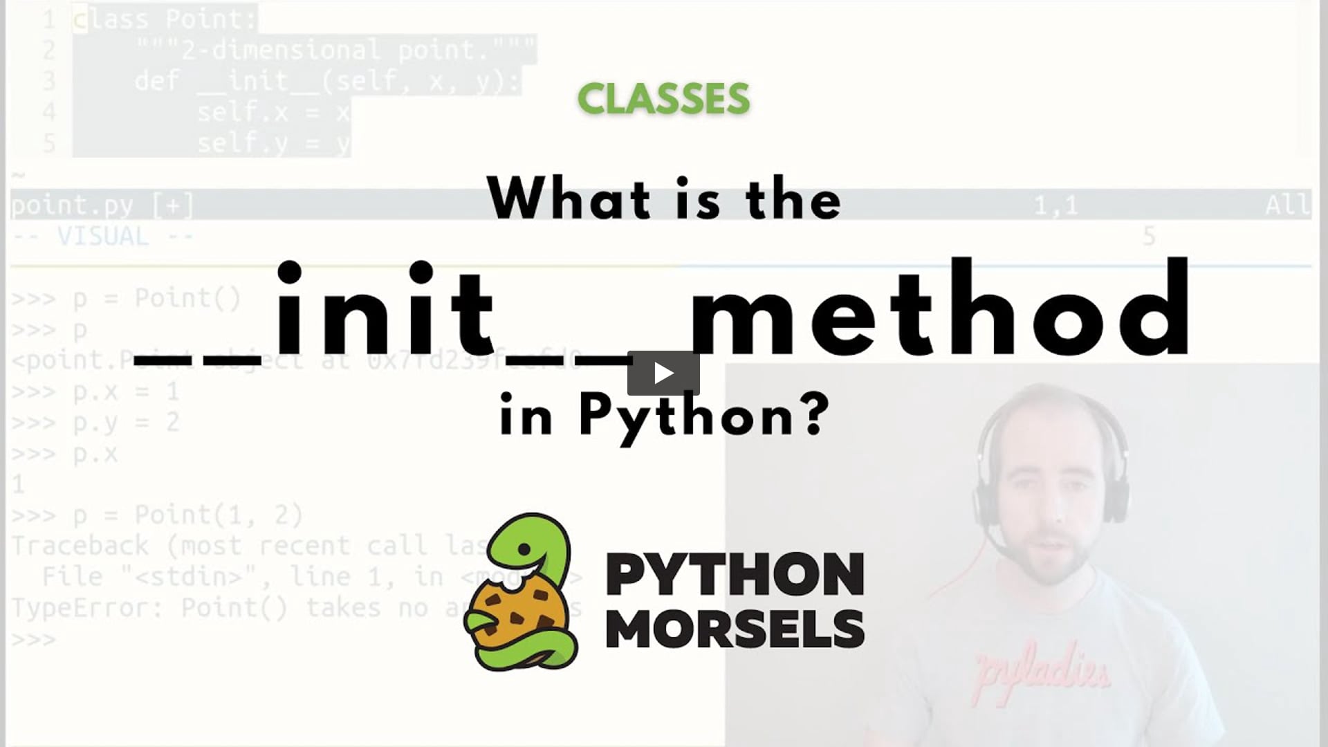 PythonMorsels's tweet card. The __init__ method is used to initialize a class. The initializer method accepts self (the class instance) along with any arguments the class accepts and then performs initialization steps.