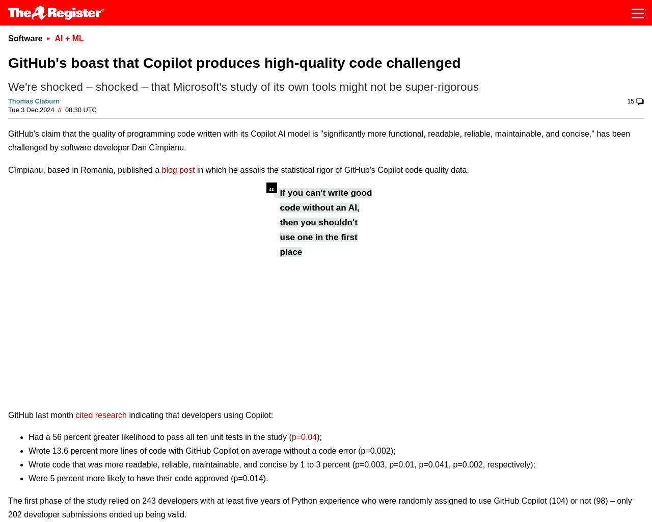 managetech_inc's tweet card. GitHubのCopilot AIモデルで書かれたプログラミングコードの品質は、"著しく機能的で読みやすく、信