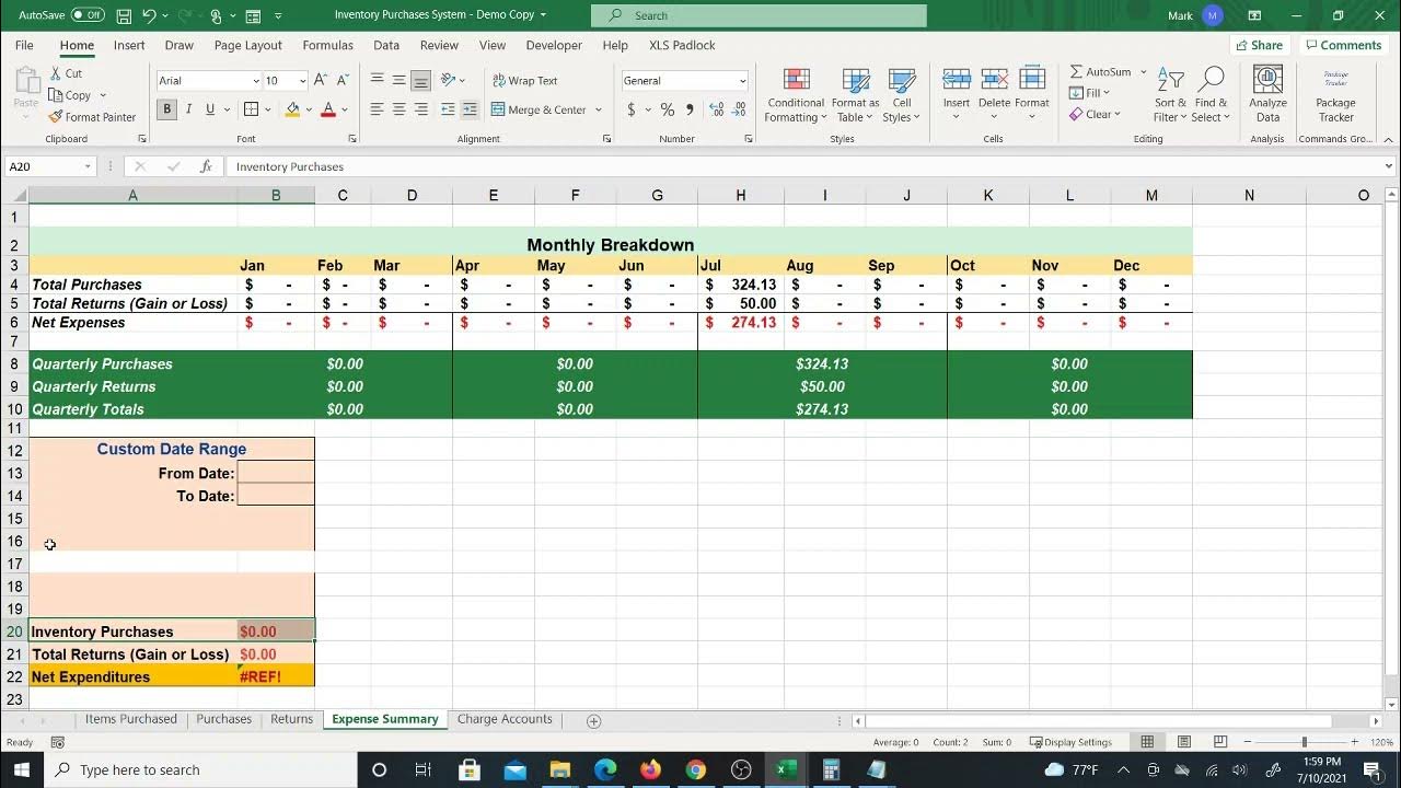 MarkTeach197376's tweet card. Inventory Purchases Excel System - Monthly Expenses and Charge...