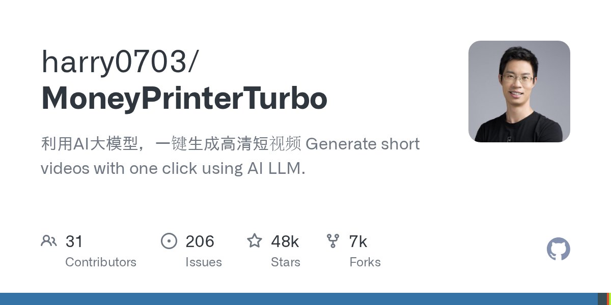 trending_devel's tweet card. 利用AI大模型，一键生成高清短视频 Generate short videos with one click using AI LLM. - harry0703/MoneyPrinterTurbo