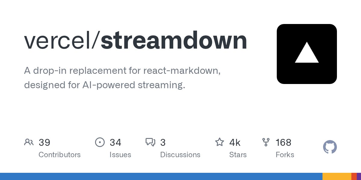 liduchuan's tweet card. A drop-in replacement for react-markdown, designed for AI-powered streaming. - vercel/streamdown