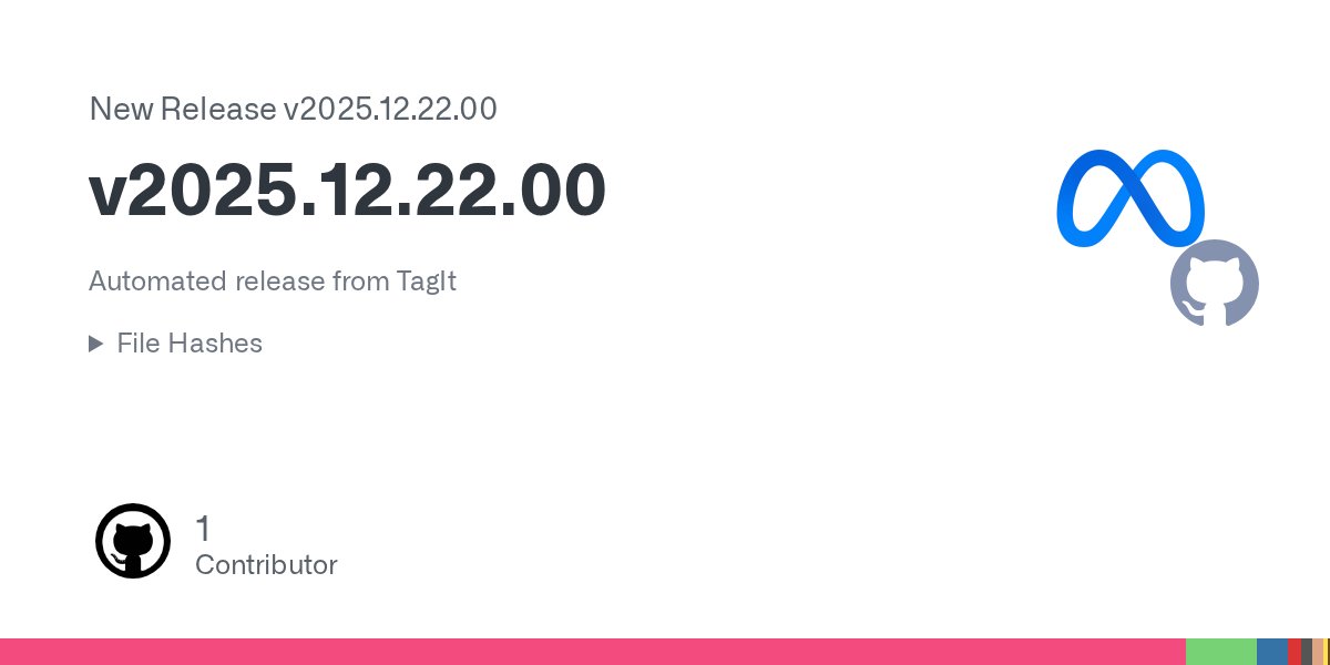 SwedenCpp's tweet card. Automated release from TagIt File Hashes SHA2-256(folly-v2025.12.22.00.zip)= 3b52850fefddbe976ac3b898c81a5d9334cccb69a9a4e9d73170dbe2c082e71b SHA2-512(folly-v2025.12.22.00.zip)= de93c...