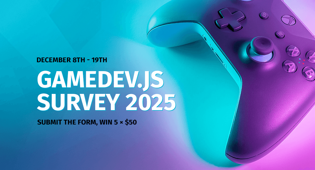 Gamedevjs's tweet card. The fifth year of collecting YOUR feedback through Gamedev.js Survey, which shape the current state of Web Game Development report, is on - this time the form is open between December 8th and 19th....
