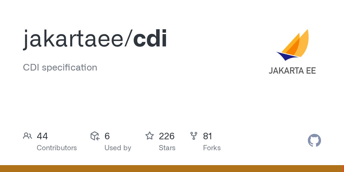 cdispec's tweet card. CDI specification. Contribute to jakartaee/cdi development by creating an account on GitHub.