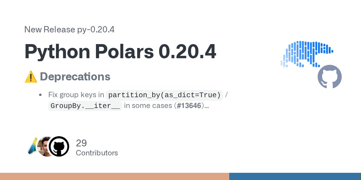 DataPolars's tweet card. ⚠️ Deprecations Fix group keys in partition_by(as_dict=True) / GroupBy.__iter__ in some cases (#13646) Rename row_count_name/row_count_offset parameters in IO functions to row_index_* (#13563) Dep...