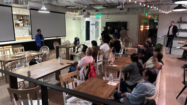 scrappycoder's tweet card. We are finally getting back to live meetups. This time we'll meet at the tech company - ChowNow. Agenda: We will be hearing from Leaders in Tech about what they are lookin