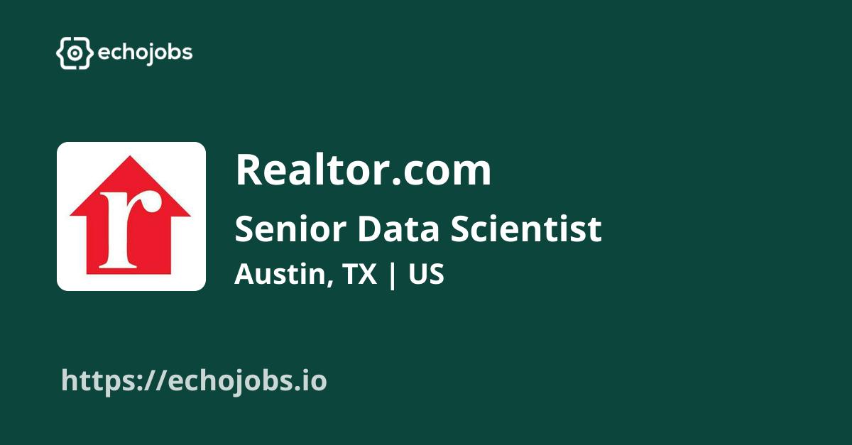 echojobs__io's tweet card. Realtor.com is hiring Senior Data Scientist, Avail. Skills wanted: Machine Learning, SQL, Python, Pandas, NumPy, AWS. Work locations: Austin, TX, US.
